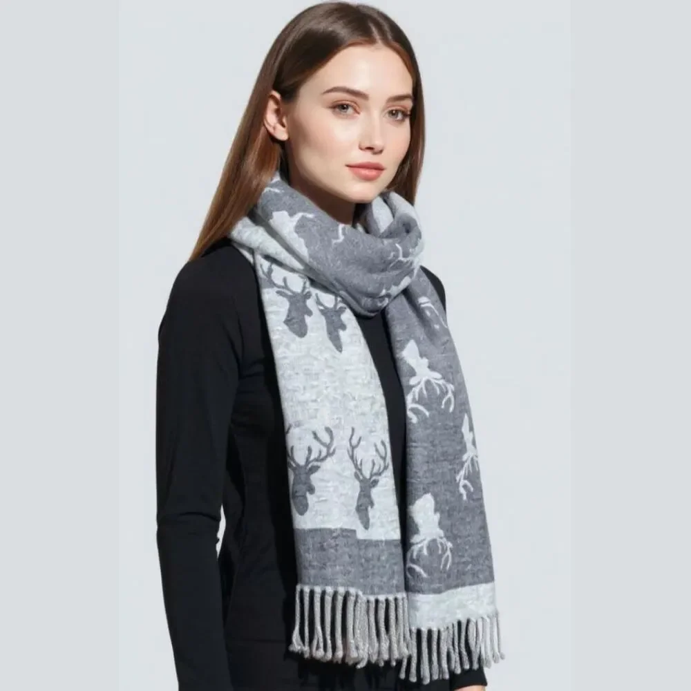 Westrian La Chasse Cashmere Feel Stag Head Winter Scarf with Fringe
